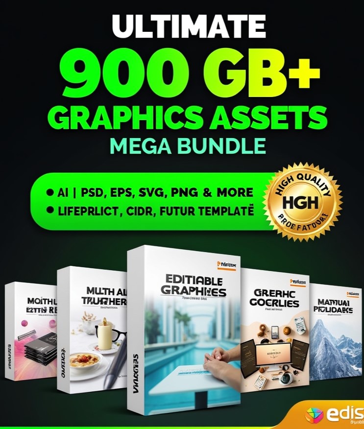 900GB+ Graphic Design Assets Mega Bundle – 25 Lakh+ Editable Templates | Lifetime Access + Free Updates