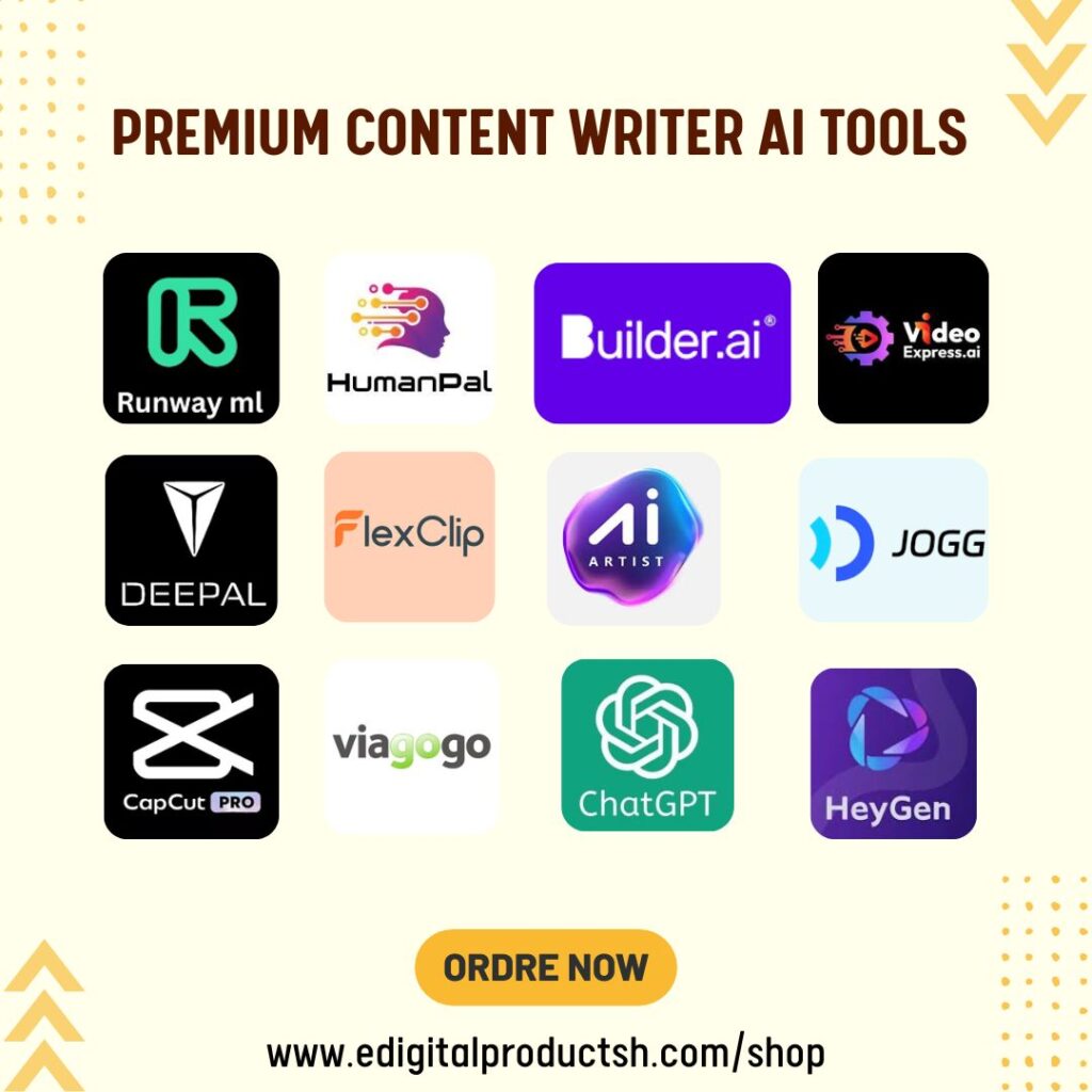 Premium content writing tools, AI tools for content creators, ChatGPT for writers, Runway ML for video editing, HumanPal AI, AI Artist content creation, FlexClip for video creation, Deepal AI, CapCut PRO subscription, JOGG AI tool, Builder.ai for app creation, HeyGen AI video maker, AI-powered writing tools, Content creation AI bundle, Buy AI tools for writers, AI video generation tools, Content writing automation, Premium AI content tools